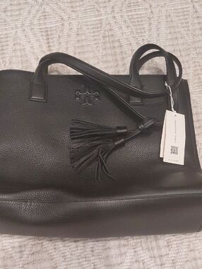 Tory Burch Black Pebbled Leather Tote with Tassel Accent